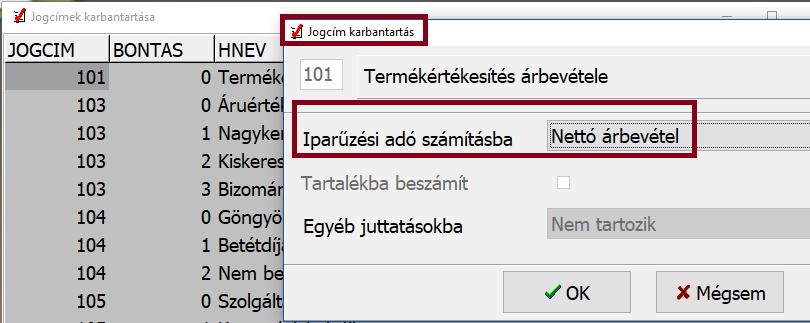 Egyszeres jogcímek kapcsolata az iparűzési adóval Például: Ha a felhasználó a 101 Termékértékesítés bevételét nem szeretné az iparűzési adó számításánál nettó árbevételként figyelembe