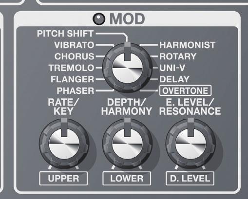 Hangok kiküldése MOD (Modulation) Ezek az effektek kiszélesítik és modulálják a hangzást. Amikor az effekt bekapcsolt állapotban van, az indikátor világít. A moduláció típus kiválasztása.