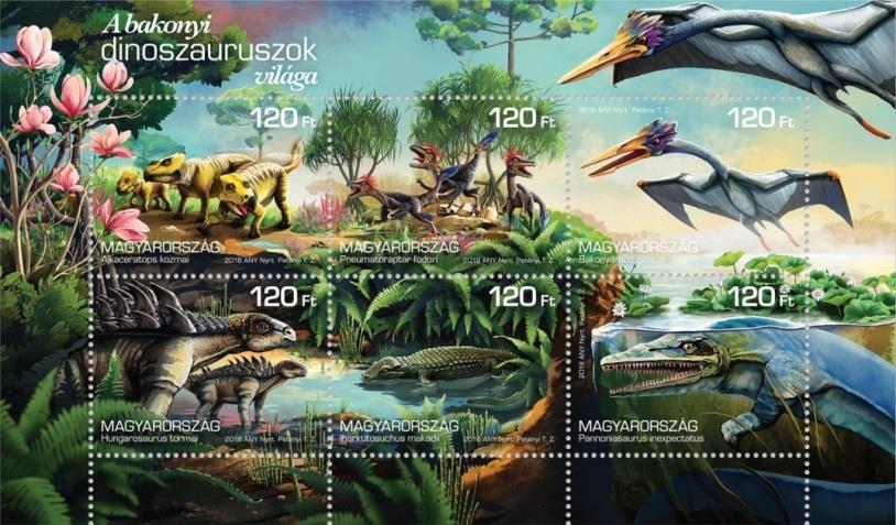 - 6-3./A Bakonyi dinoszauruszok világa: A Magyar Posta a földi bioszférát egykor uraló dinoszauruszok világáról jelentet meg bélyegkisívet.