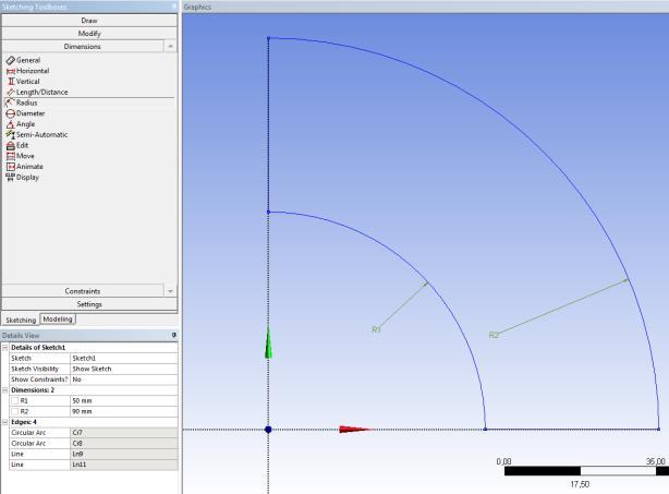 A Line paranccsal kössük össze a külső és a belső körív végpontját az x és az y tengelyen. 6. A Dimensions eszköztárban vegyük fel a 2 db kör sugarát a adius-szal.