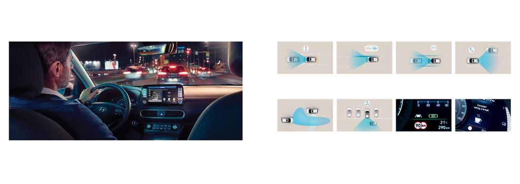 A fejlett vezetéstámogató rendszerünket magába foglaló HyundaiSmartSense-szel felszerelt vadonatúj KONA Electric a szegmens legmodernebb aktív biztonsági technológiával rendelkezik - a biztonságosabb
