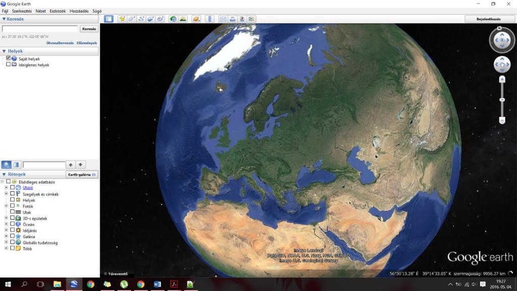 Google Earth A Google Earth egy ingyenes asztali számítógépekre tervezett program. Alapvetően egy körbeforgatható virtuális földgömböt tartalmaz, amely textúráját műholdképek adják.