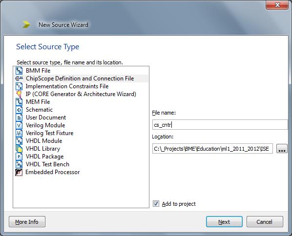 1. ChipScope Core Insterter A már ismert új forrás file hozzáadása menüben az eddig megszokott Verilog Module helyett