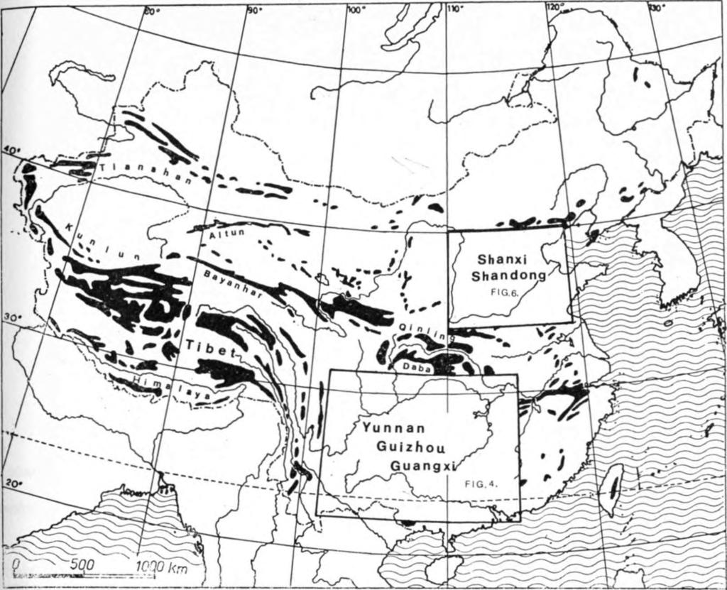 3. ábra. A karbonátos kőzetek földrajzi elterjedése Kínában (Yuan Daoxian és mások nyomán) Fig. 3.