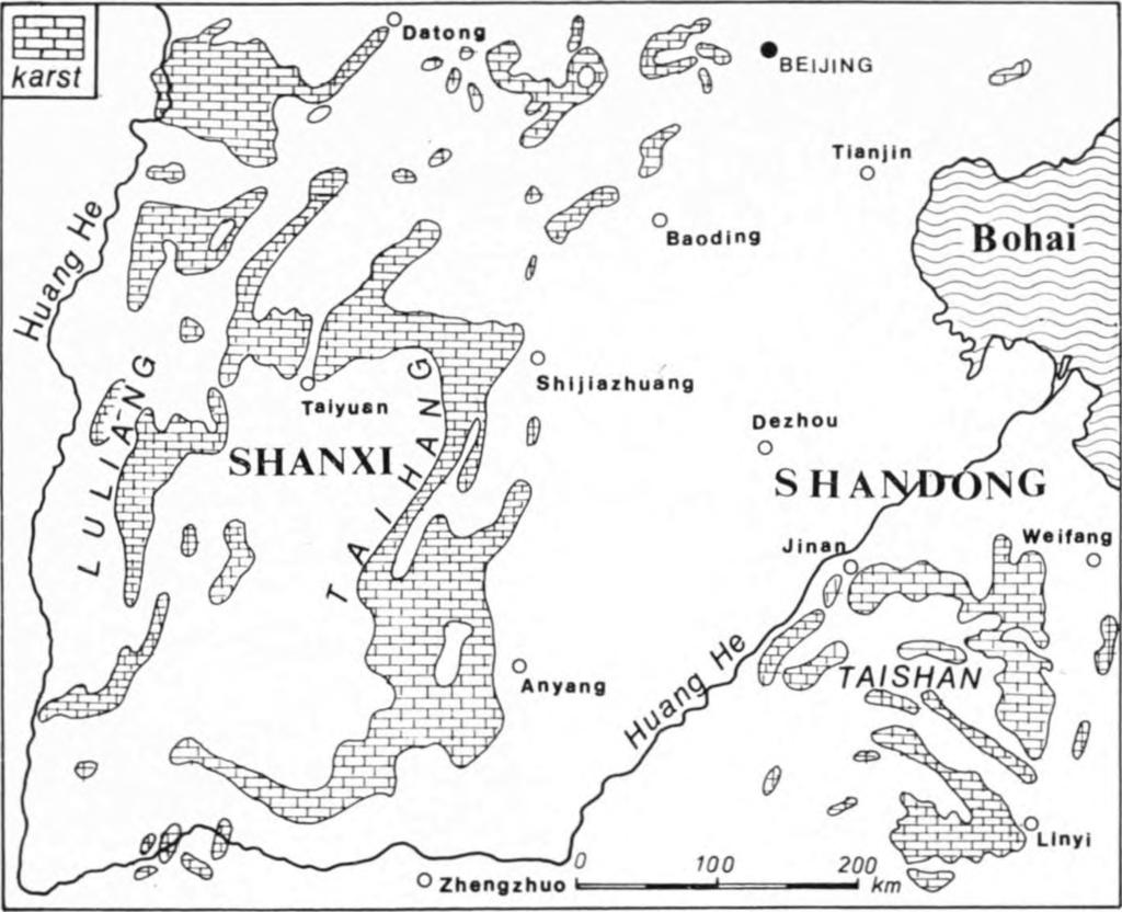 6. ábra. Karsztvidékek elterjedése Észak-Kínában, Shanxi és Shandong tartományokban (Yuan Daoxianl Fig. 6.