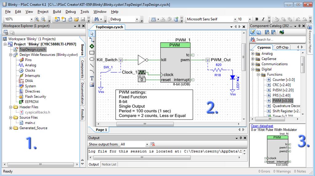 PSOC Creator indítása, Blinky projekt 1. Projekt Felfedező 2. Tervezőablak 3.