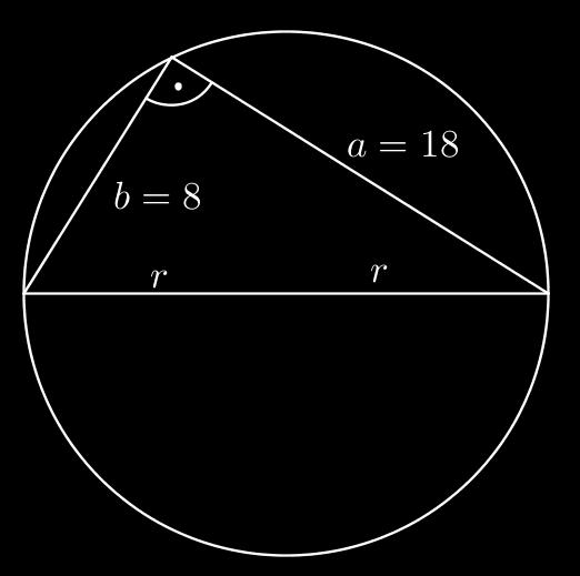 Egy derékszögű háromszög befogóinak hossza 8 dm és 18 dm. Számítsuk ki a köré írt körének sugarát.