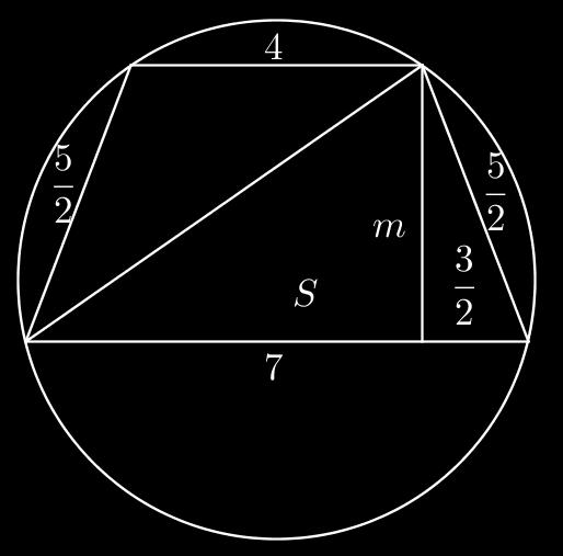 Egy húrtrapéz alapjai 7 cm, illetve 4 cm, szárai, 5 cm.