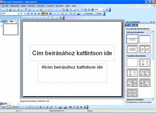 Beépített elrendezések 2. ábra Beépített elrendezések Nemcsak új dia beszúrásakor lehet beépített elrendezések közül választani, hanem a Formátum menü/beépített elrendezések parancsra kattintva is.