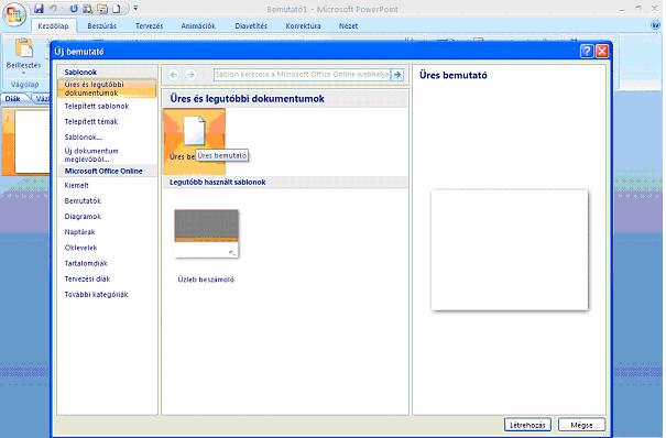 Microsoft Office PowerPoint 2007 esetén Új dia létrehozása Új bemutatót az Office gombra kattintva az Új parancsra, vagy a gyorselérési eszköztárból az ikonra kattintva, vagy a Ctrl+N