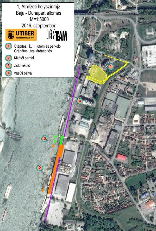 Bajai Közforgalmú Kikötő fejlesztése / Development of Baja Public Port 1. Útépítés II., III. ütem, Gránátos utca járdaépítés 2. Kikötői partfal 3. Zöld kikötő 4. Vasúti pálya 1.