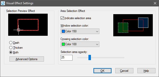 RAJZMÓDOSÍTÁS 13 3. ábra A Selection Preview Effect csoport rádiógombjaival állírjuk be a kijelölt objektumok megjelenítését szaggatott vonallal (Dash), vastagítással (Thicken), mindkettővel (Both).