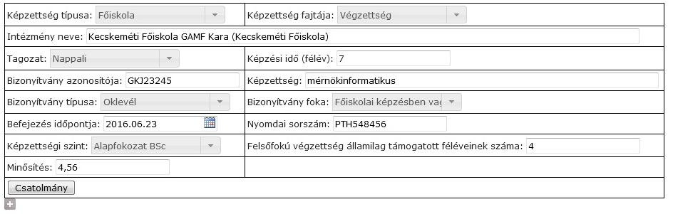 az érettségi bizonyítvány bal oldalán található (törzslap szám) pl.: B-1/1995. Képzettség: középiskolai adatoknál NEM KELL KITÖLTENI, maradjon üresen Bizonyítvány típusa: kiválasztani a megfelelőt pl.