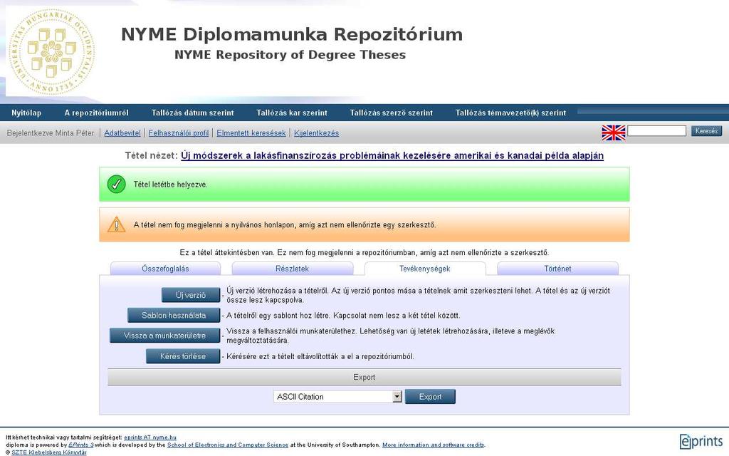 A tevékenységek fül alatt a vissza a munkaterületre gomb segítségével visszaléphet