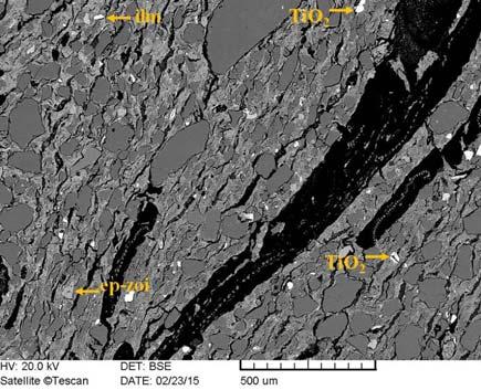 : Backscattered electron image (SEM-BSE) of the granitoid tempered ceramic (Regöly, sample RH3-27); ap: apatite Az agyagoknak nagyon hasonló az összetétele, de a szürke- és kék agyagnak túl kevés az