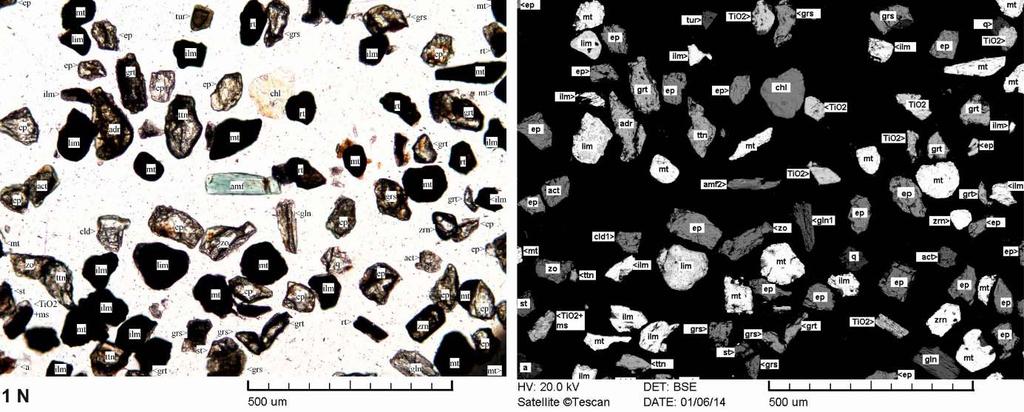 : Backscattered electron image (SEM-BSE) of a bluish clay (Regöly, sample REGF11b); ep-zoi: epidote-zoisite, tit: titanite A Cr-spinell tartalmú töredék mikroásványos összetétele egyik helyi