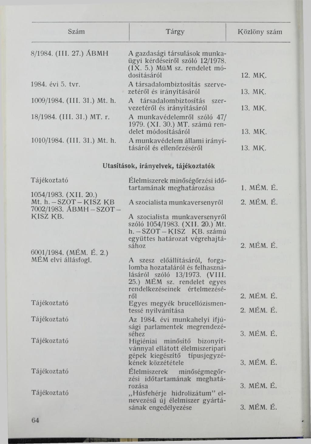 8/1984. (III. 27.) ÁBMH 1984. évi 5. tvr. 1009/1984. (III. 31.) Mt. h. 18/1984. (III. 31.) MT. r. 1010/1984. (III. 31.) Mt. h. A gazdasági társulások munkaügyi kérdéseiről szóló 12/1978. (IX. 5.) MüM sz.