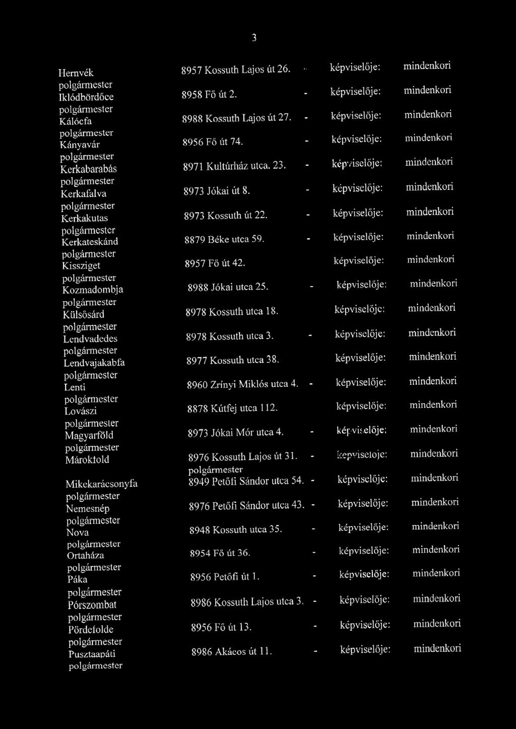 képviselője: polgáimester Lendvadedes 8978 Kossuth utca 3. Lendvajakabfa 8977 Kossuth utca 38. képviselője: Lenti 8960 Zrínyi Miklós utca 4. Lovászi 8878 Kútfej utca 112.