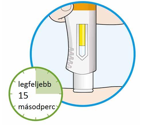 4. Határozottan tartsa az injekciós tollat a bőréhez szorítva. Az ablak sárgává kezd válni. Az injekció beadása legfeljebb 15 másodpercig tarthat. 5.