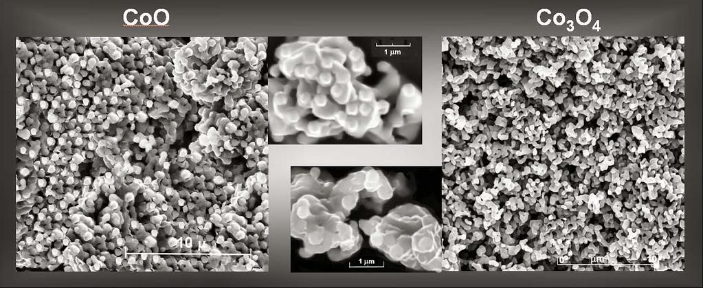 VIII. 3. ábra. Propanolban, etil-acetát mellett szol-gél szintetizált, különböző kobalt-oxid szemcsék SEM-felvételei. A VIII. 3. ábra a legfinomabb és legkevésbé polidiszperz nanorészecskéket reprezentálja, melyek etil-acetát jelenlétében szol-gél kémiával készültek.