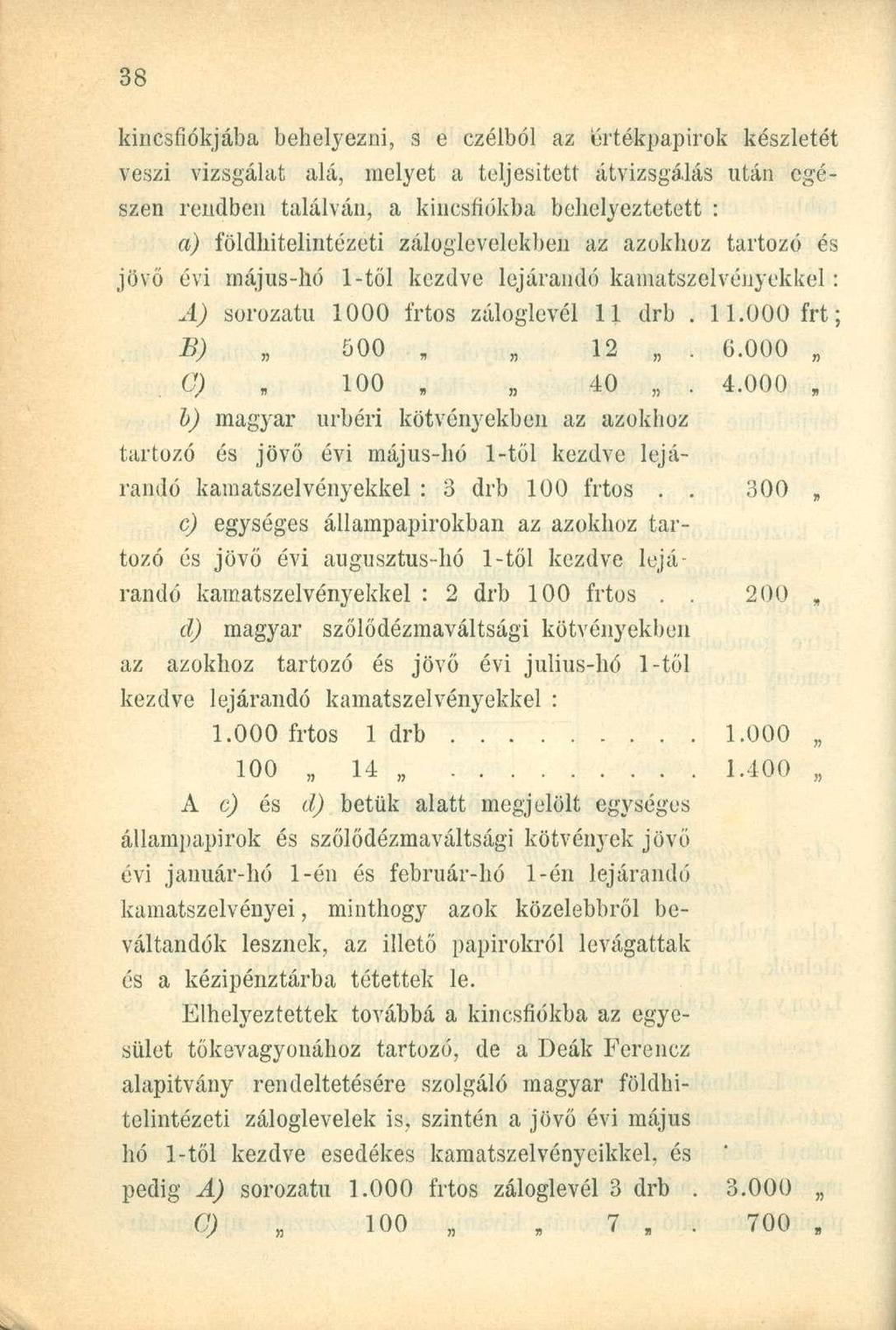 kincsfiókjába behelyezni, s e czélból az értékpapírok készletét veszi vizsgálat alá, melyet a teljesített átvizsgálás után egészen rendben találván, a kincsfiókba behelyeztetett : a)