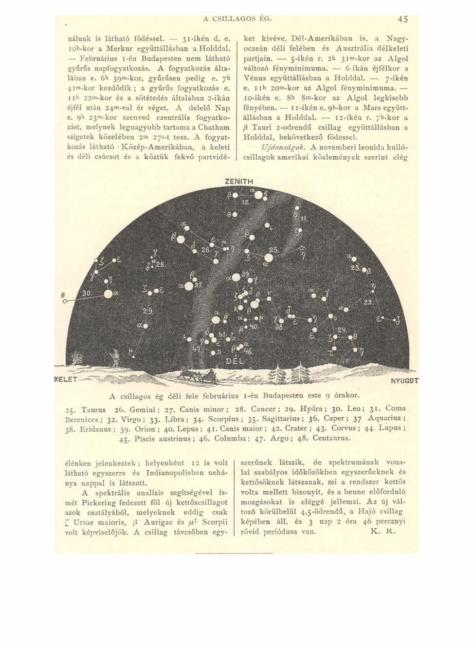 A CSILLAGOS ÉG. 4 5 nálunk is látható födéssel. 31-ikén d. e. iob-kor a Merkúr együttállásban a Holddal. Februárius i-én Budapesten nem látható gyűrűs napfogyatkozás. A fogyatkozás általában e.