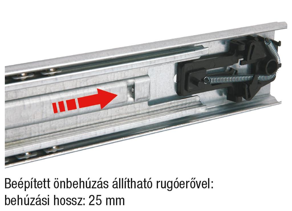 A beépített önbehúzás miatt a vezetősínek a betoláskor automatikusan a véghelyezetig húzódnak. A belső sínek oldalsó csavarozását felfekvő idomok váltják ki.