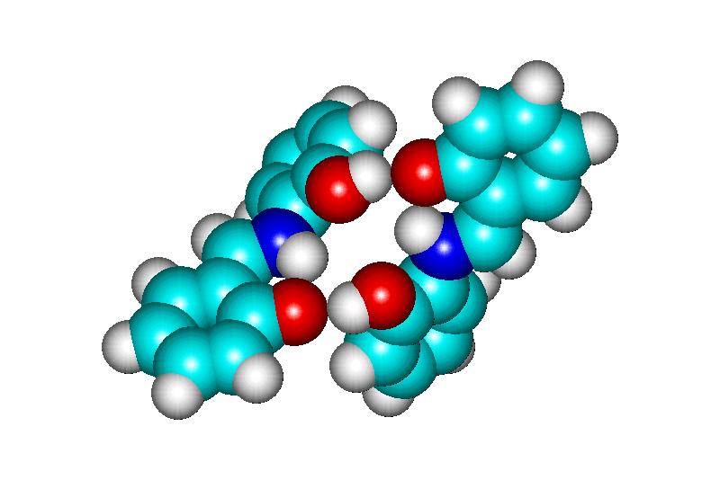 39 dimerizálódik úgy, hogy a kinoidális oxigénatom és a másik molekula nem tautomerizálódó gyűrűjén lévő hidroxilcsoport között jön létre intermolekuláris H... hidrogénhíd.