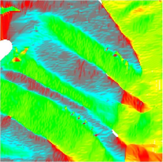 1.3. Szintvonalakból javított domborzatmodell létrehozása (spline interpolációval) 1.3.3. Vízszintes részek kimaszkolása r.slope.