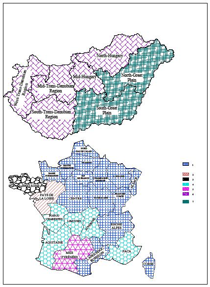 klaszter Észak-Alföld Dél-Alföld Francia_átl olajosok napraforgó gabona búza kukorica szemes cukorrépa burgonya hüvelyesek állandó kultúrák szőlő gyümölcs Tak-kukorica Figure 5: Cropping areas at the