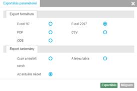 9. ábra: Excelbe történő exportáláshoz szolgáló ablak Az exportált, ill. generált dokumentumok letöltési helye megegyezik a letöltéskor megadott útvonallal.