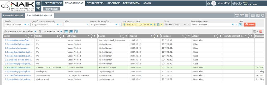 21. ábra: Szerződéskötési feladatok panel lista nézet Felelős: Értékválasztó mező Csak a kiválasztott felelőshöz tartozó feladatok lesznek láthatóak.