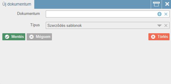 kitöltött. Új szerződés sablont az ablakhoz vezet: gomb segítségével lehet feltölteni, ami a következő 31. ábra: Új dokumentum feltöltése ablak Dokumentum: Szerződés sablon feltöltése.