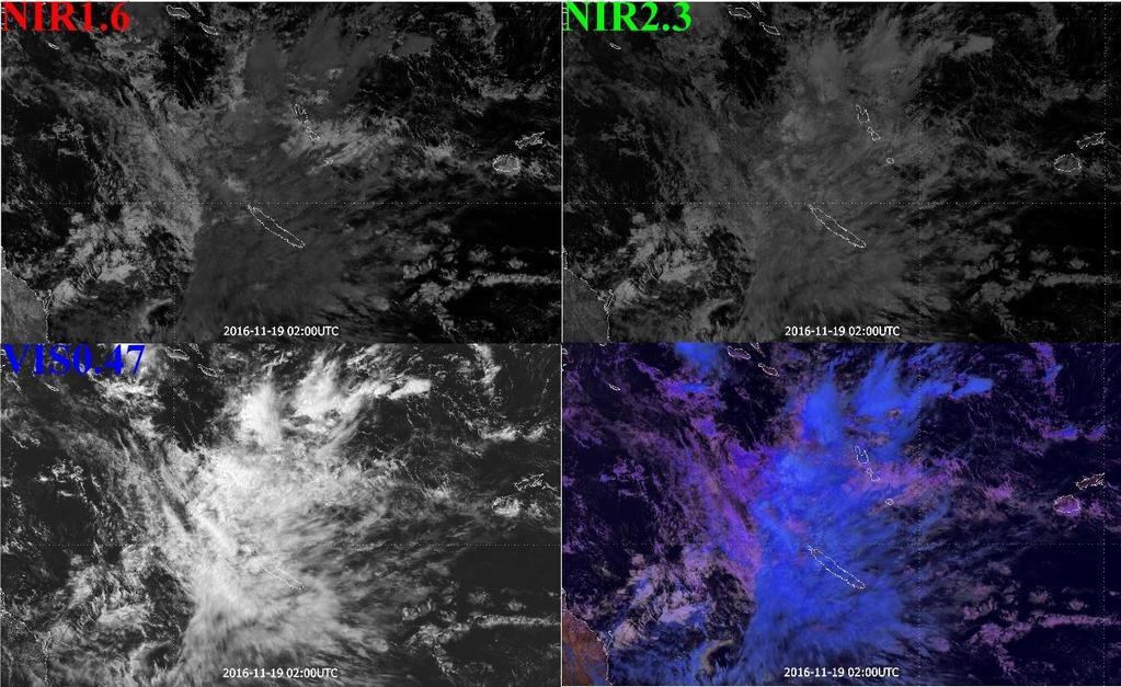 6.2. ábra: 2016.11.19. 2:00 UTC-kor Csendes-óceán felett lévő zivatarrendszer. Bal fenn NIR1.6 (0-100% reflektivitás tartomány), Jobb fenn NIR2.25 (0-100% reflektivitás tartomány), Bal lenn VIS0.