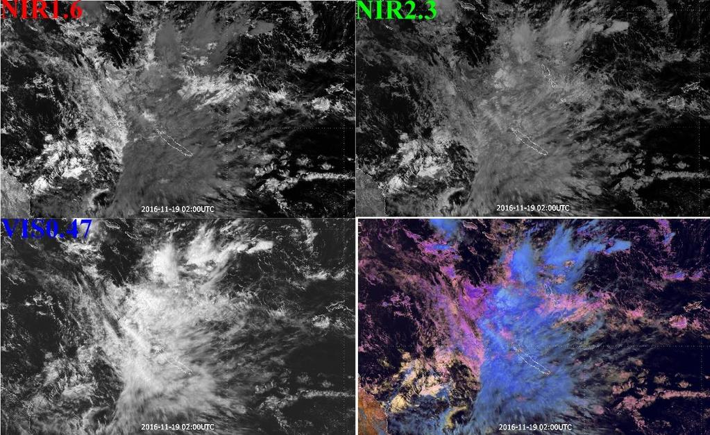 6.3. ábra: 2016.11.19. 2:00 UTC-kor Csendes-óceán felett lévő zivatarrendszer. Bal fenn NIR1.6 (0-60% reflektivitás tartomány), Jobb fenn NIR2.25 (0-60% reflektivitás tartomány), Bal lenn VIS0.