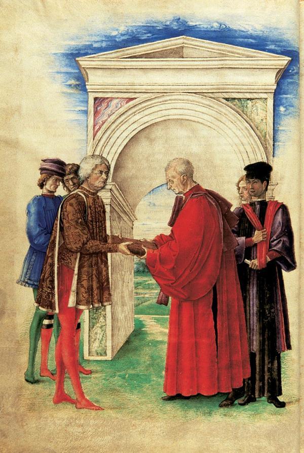 129 Giovanni Bellini (c.1430 1516): 1. Guarino da Verona átadja Strabon-fordìtását Jacopo Antonio Marcellónak. 2. Jacopo Antonio Marcello átadja a kéziratot Anjou Renének.