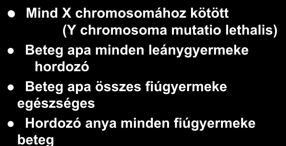 Nemi chromosomákhoz kötött betegségek Mind X chromosomához kötött (Y chromosoma mutatio lethalis) Beteg