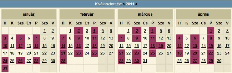 8 Idézési naptár Az [Idézési naptár] napokra lebontva mutatja, hogy melyik napra lett idézés betervezve (28. kép).