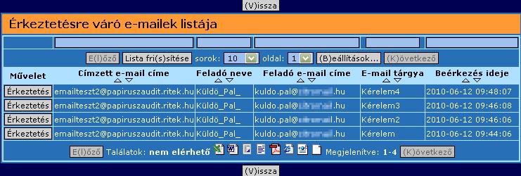 A menüpontba belépve az Érkeztetésre váró e-mailek listája képernyőre érkezünk: 92.