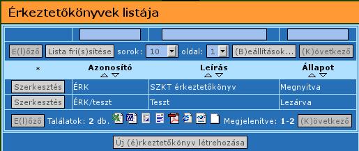 Valamint az Érkeztetőkönyvek listája ablakban az Állapot oszlopban megváltozik az Érkeztetőkönyv állapota Megnyitva állapotról, Lezárva állapotra. 122. ábra.