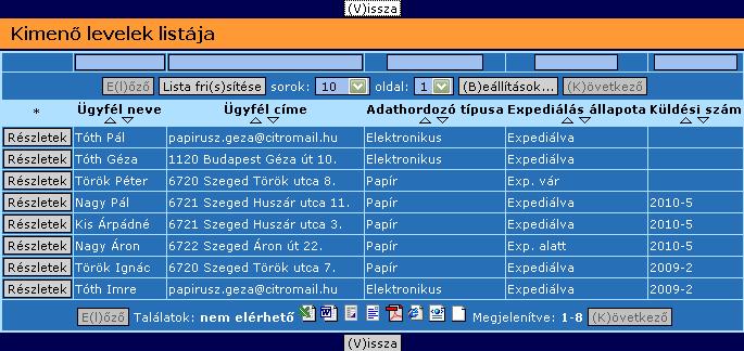 7.1.2.5. Kimenő levelek listája (125) Ebben a menüpontban megtalálható minden olyan kimenő küldemény, amely nálunk van vagy amelyeket már expediáltunk.