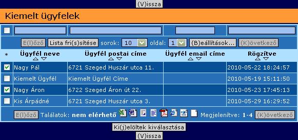 A Szerkeszt gomb helyett egy Kiemelt ügyfél felirat tájékoztat minket az ügyfél kiemeltségéről. Ezen ügyfél szerkesztésére csak a Kiemelt ügyfél szerkesztése (51) menüpontban van lehetőség. (Lásd 7.5.1. fejezet).