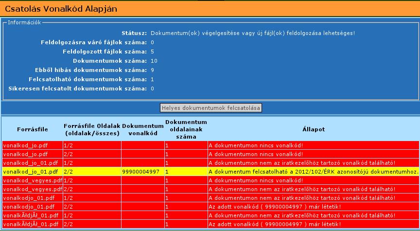 Felcsatolható dokumentumok száma Sikeresen felcsatolt dokumentumok száma A lista ablak a következő oszlopokat tartalmazza: Forrásfile, Forrásfile oldalak Dokumentum vonalkód Dokumentum oldalainak