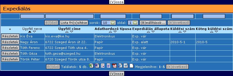 21. ábra: Listák Rendezés Ha például az ügyfeleket név szerint növekvő sorrendben szeretnénk látni, akkor az Ügyfél neve oszlopot kell rendeznünk, a felfelé mutató nyíl segítségével. 22.