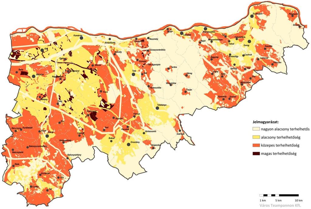 85. ábra: Komárom-Esztergom megye tájterhelhetősége A különböző rétegek alapján kijelölt kategóriák és azok térképi megjelenítése szerint került meghatározásra a tájterhelés és tájérzékenység.