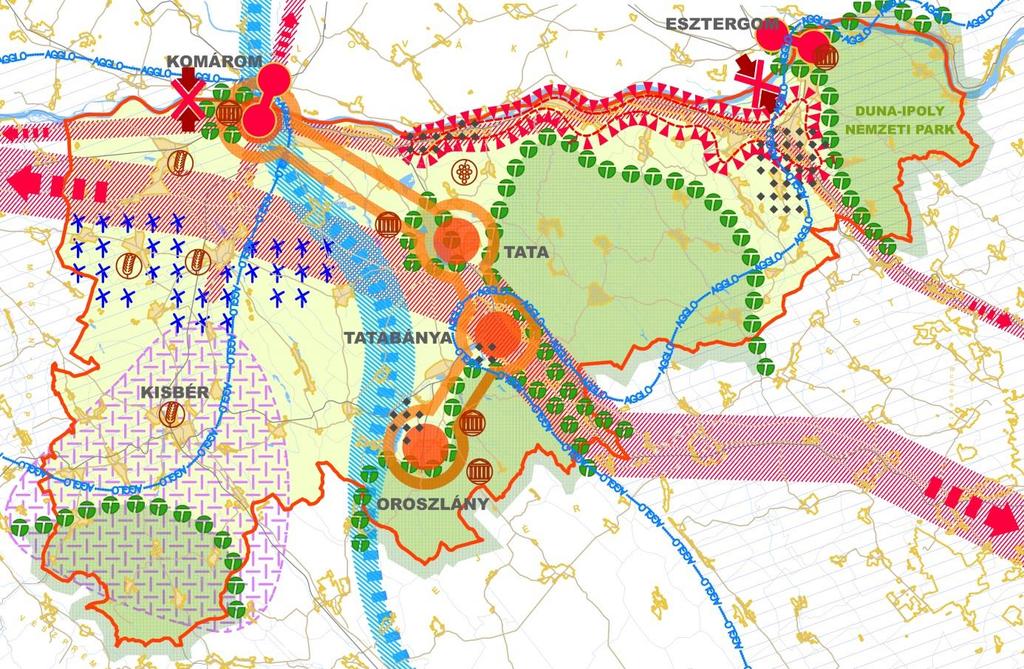 12. ábra: Komárom-Esztergom megye területfejlesztési Koncepciója, érték- és konfliktustérkép A megye jövőképének egyik legerőteljesebb súlyponti eleme a Tatabánya központú városhálózati csomópont: