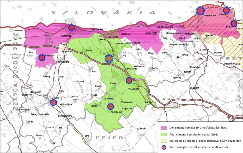 7. ábra: Turizmusfejlesztés egyedi övezetével érintett térségek: ciklámen: Duna mente; zöld: Által-ér mente; sárga: Esztergom és Visegrád középkori magyar királyi központok Világörökség várományos