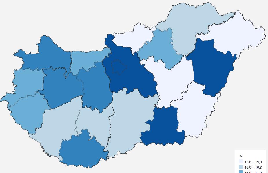 76. ábra: Diplomások aránya a 25-X éves népességben, 2016 6.1 FŐBB GAZDASÁGI ÁGAZATOK, AZOK FEJLŐDÉSI IRÁNYAI 6.1.1. KOMÁROM-ESZTERGOM MEGYE HELYE ÉS SZEREPE Néhány összehasonlító adat a KSH Fókuszban a megyék c.