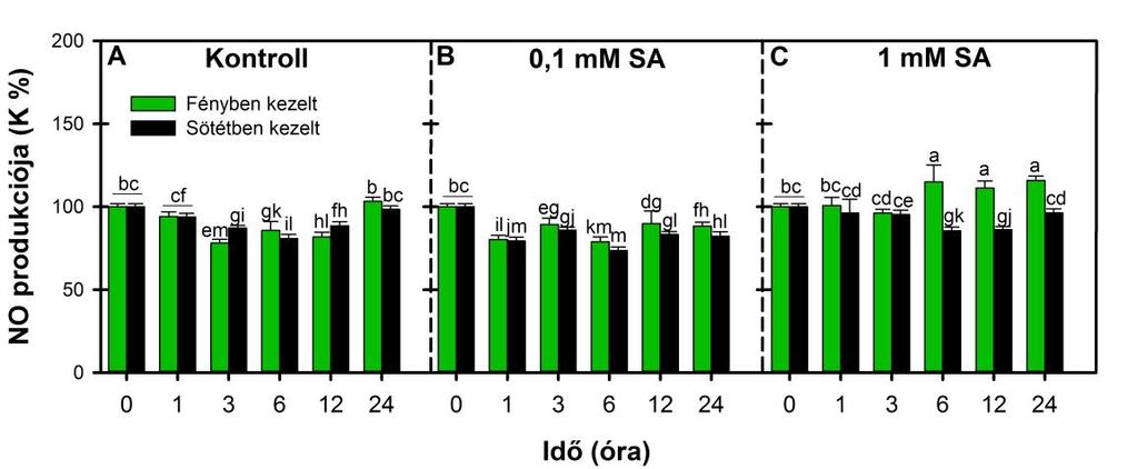 ábra A, B). Ezzel szemben az 1 mm SA kezelés hatására a 6. órától szignifikánsan nőtt az NO termelődése fényben, míg ez az emelkedés a sötétben kezelt növények leveleiben nem volt tapasztalható (16.