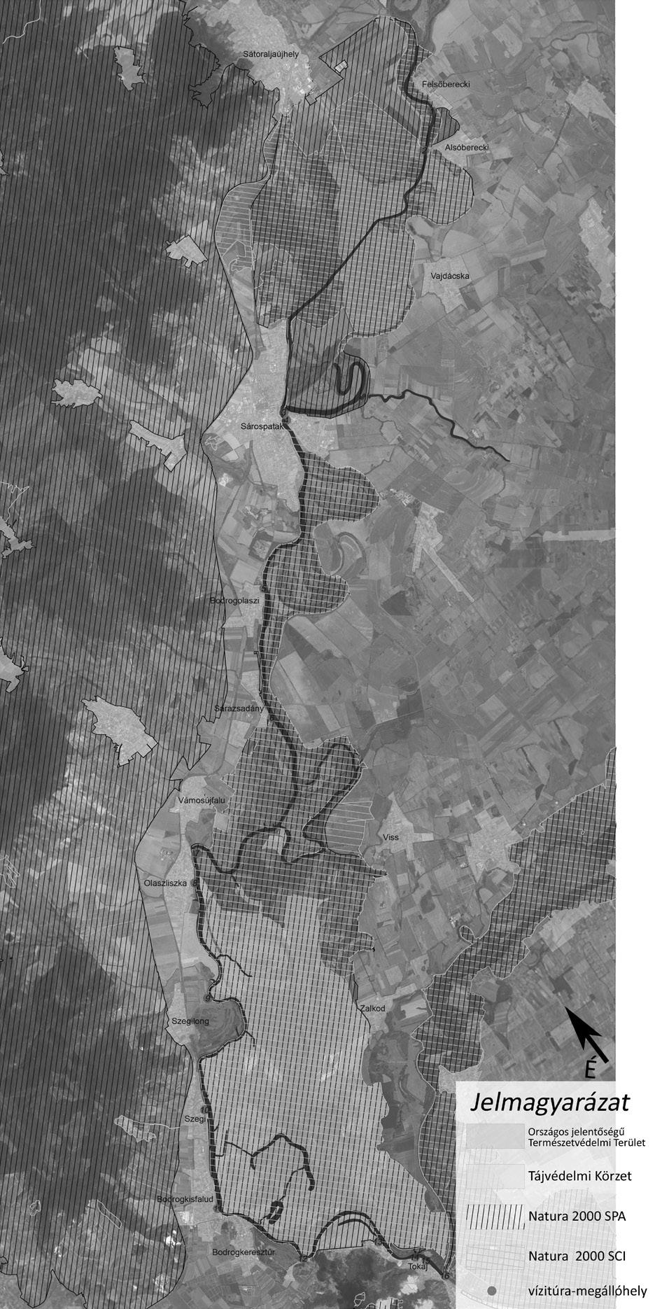 1. ábra: Megállóhelyek és természetvédelmi oltalom alá tartozó területek a Bodrog hazai szakaszán (saját ábra a Google Térkép műholdfelvétel [5] és a
